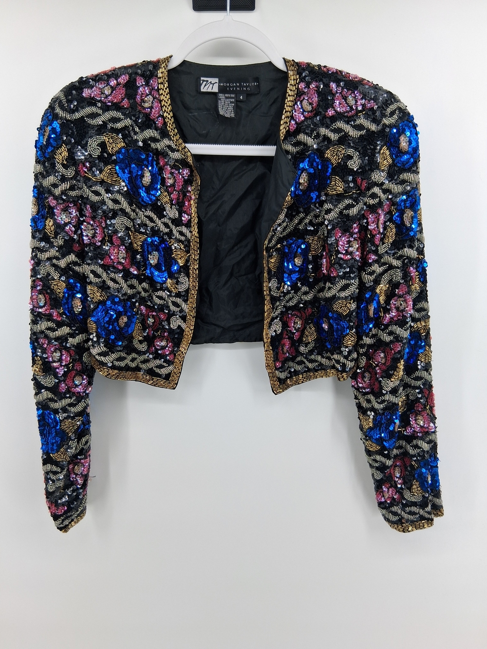 Morgan Taylor Black Cropped Sequin Jacket with Blue & Pink Floral Accents